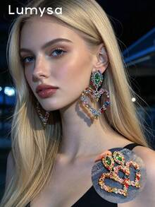 1 Pair Luxury Heavy-Duty Full Rhinestone Heart Earrings Suitable For Women's Party, Gathering, Holiday Wear (Rhinestone Color Random) - Multicolor - View 1