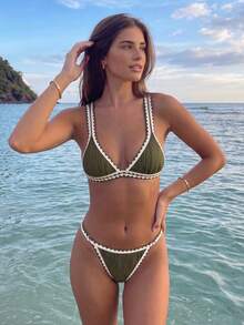 Bikinx Women's Sexy Backless Textured Bikini Set, Contrast Trim And Playful Bottom, High Elasticity Spaghetti Strap Swimwear Vacation Beach Summer - Dark Green - View 1