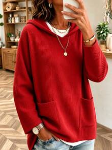 Plus Size Women's Slouchy Waffle Knit Hooded Pullover Sweatshirt, Loose Drop Shoulder With Dual Pockets, Casual Everyday Wear For Outings And Shopping, Solid Color Top Easy To Match - Red - View 2