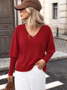 New Arrival Fashion Women's Clothing Early Winter New Style Solid Color Turtleneck Knit Sweater With Pockets Pullover - Red - View 3