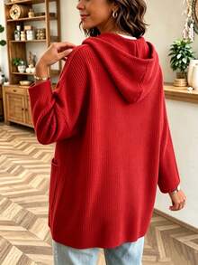 Plus Size Women's Slouchy Waffle Knit Hooded Pullover Sweatshirt, Loose Drop Shoulder With Dual Pockets, Casual Everyday Wear For Outings And Shopping, Solid Color Top Easy To Match - Red - View 4