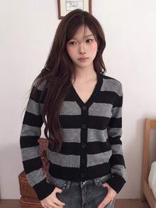 Women's Striped Deep V-Neck Knit Cardigan, Long Sleeve Regular Length, Button Detail, Slightly Elastic Loose Casual Style - Grey - View 4
