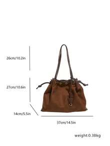 Autumn/Winter Vintage Brushed PU Shoulder Bag With Drawstring Hole Decor, Large Capacity Commuter Tote Bag - Coffee - View 5