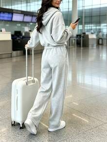 Women's Casual Grey Full Zip Hoodie And Matching Sweatpants Set, 2 Pieces Sportswear, Suitable For Daily Wear, Fabric With Slight Stretch - Grey - View 7