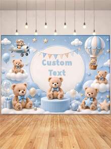 Customizable Text Blue Pilot Bear Background With Blue Stars, Hot Air Balloon And Flag, Cute Plush Bear Gift Box Design, Suitable For Bath, Birthday And Portrait Photography Background Props, Vinyl Material - Blue - View 3