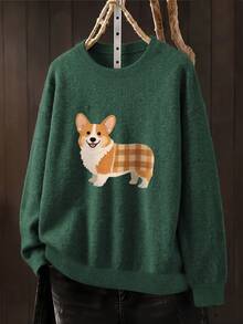 Corgi-Print Digitally-Patterned Crew-Neck Sweater; Casual, Stylish, Plus-Size Women's Sweater For Autumn And Winter; Long-Sleeved Crew-Neck Pullover. - Dark Forest Green - View 6
