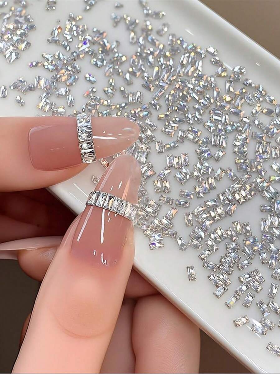 100pcs 3D Shiny Silver Zirconia Nail Rhinestones, 1.5x3mm Mini Rhinestones For Nail Art Charms Rinestones Set Rectangular Zirconia Gems For Crafting French Tip Nails Charms Rhinestone - White - View 1