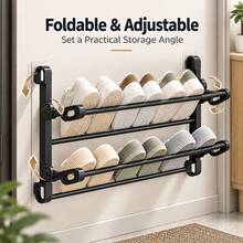 No-Drill Wall-Mounted Double-Layer Foldable Shoe Rack, 19.69 Inch Adjustable Angle Shoe Storage Rack, Black Space-Saving, Suitable For Behind Door, Behind Bathroom Door, Rear Storage Rack - Black - View 3