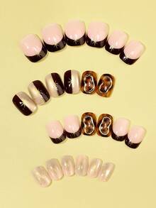 24PCS Short Oval Press On Nails, Fall Autumn Tortoiseshell Amber Fake Nails With Gold Starburst Glitter & Metallic Trim, Nude Brown Two-Tone Design, Reusable False Nails For Women Daily Party Wear - Multicolor - View 4
