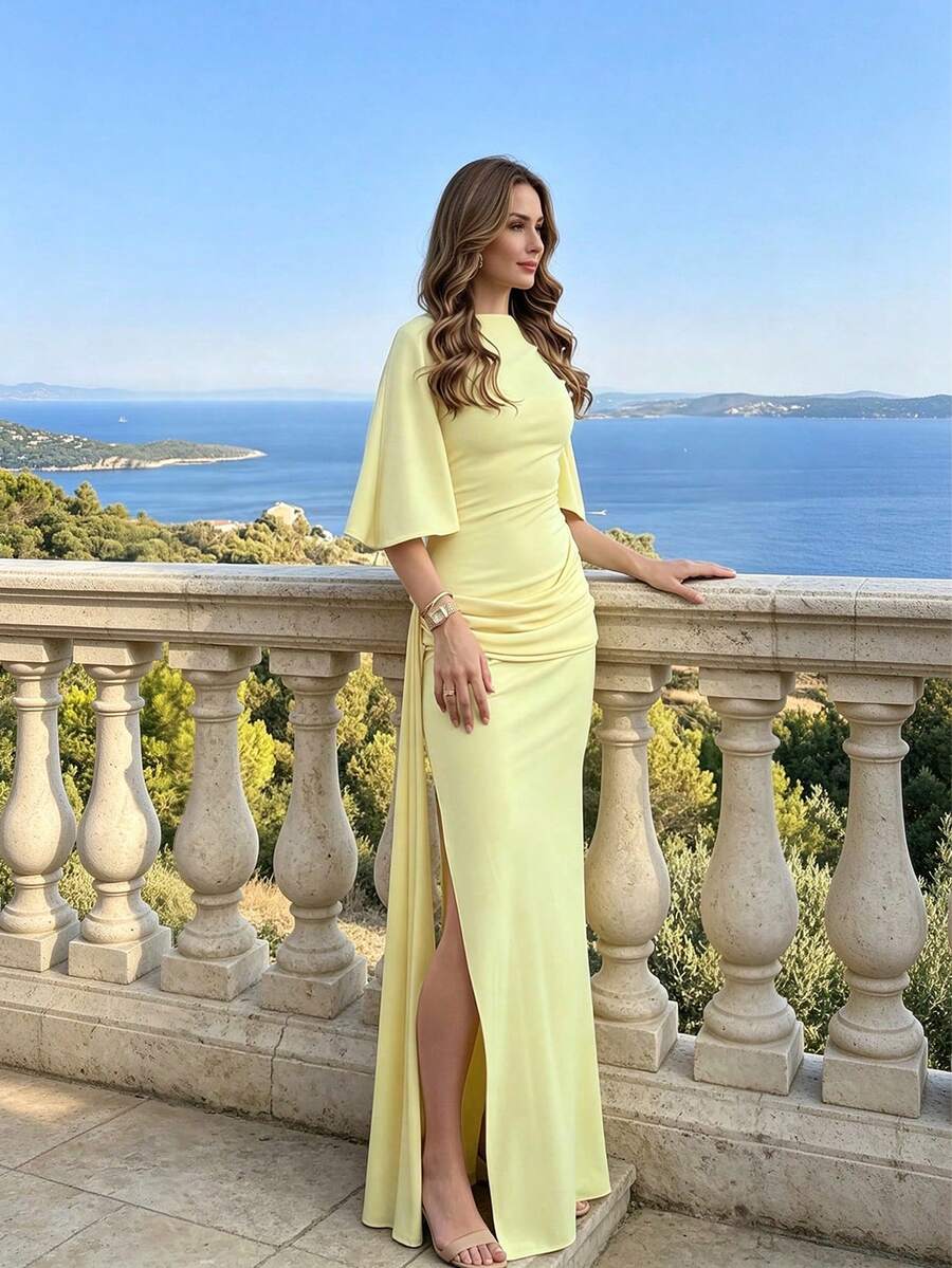 Women's Solid Color Backless Elegant Vacation Dress Party Summer Yellow - Yellow - View 1