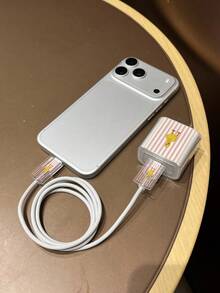 3pcs Set US Standard Charger Head Cable Protector, Fashion Decorative Charger Accessories, Pink Striped With Yellow Duck Pattern. Suitable For 18W/20W Apple Charger Power Adapter, Protective Cover, Transparent Anti-Shatter Cover, Protects Phone And Charger, Cable Protector Cover (Only Protective Cover Sold, Charger And Data Cable For Display Only) - Multicolor - View 2