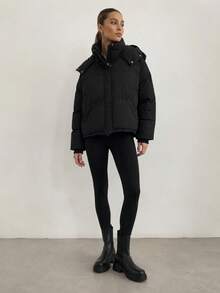 Women's Autumn Winter Puffer Jacket With Fixed Hood, Stand Collar, Synthetic Down, Zip And Snap Fastening, Hip Length - Black - View 1