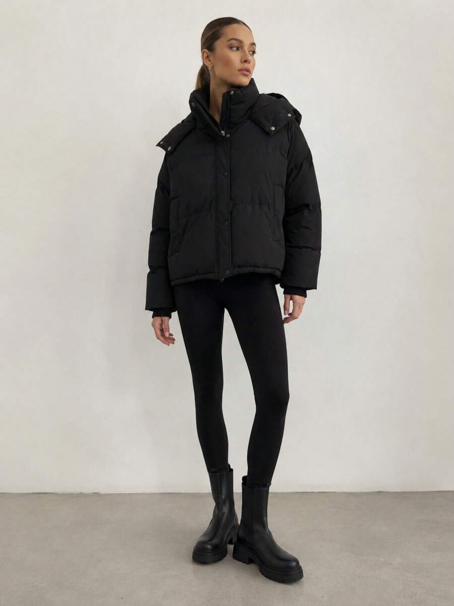 Women's Autumn Winter Puffer Jacket With Fixed Hood, Stand Collar, Synthetic Down, Zip And Snap Fastening, Hip Length - Black - View 1