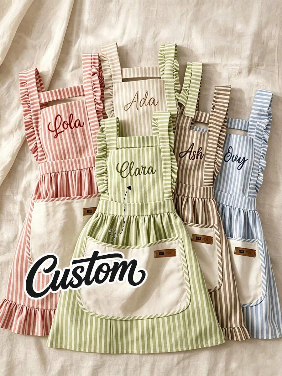 1pc Personalized Embroidered Ruffle Apron, Adjustable Striped Kitchen Apron (With Pockets), Customized Baking Apron, Country Style Cooking Apron, Farmhouse Kitchen Accessory, Vintage Women's Apron, Customized Name Embroidered Apron, Cute Baking Apron, Country Floral Set, Home Cooking Apron, Adjustable Waist Apron, Barista Apron, Handmade Style Kitchen Gift