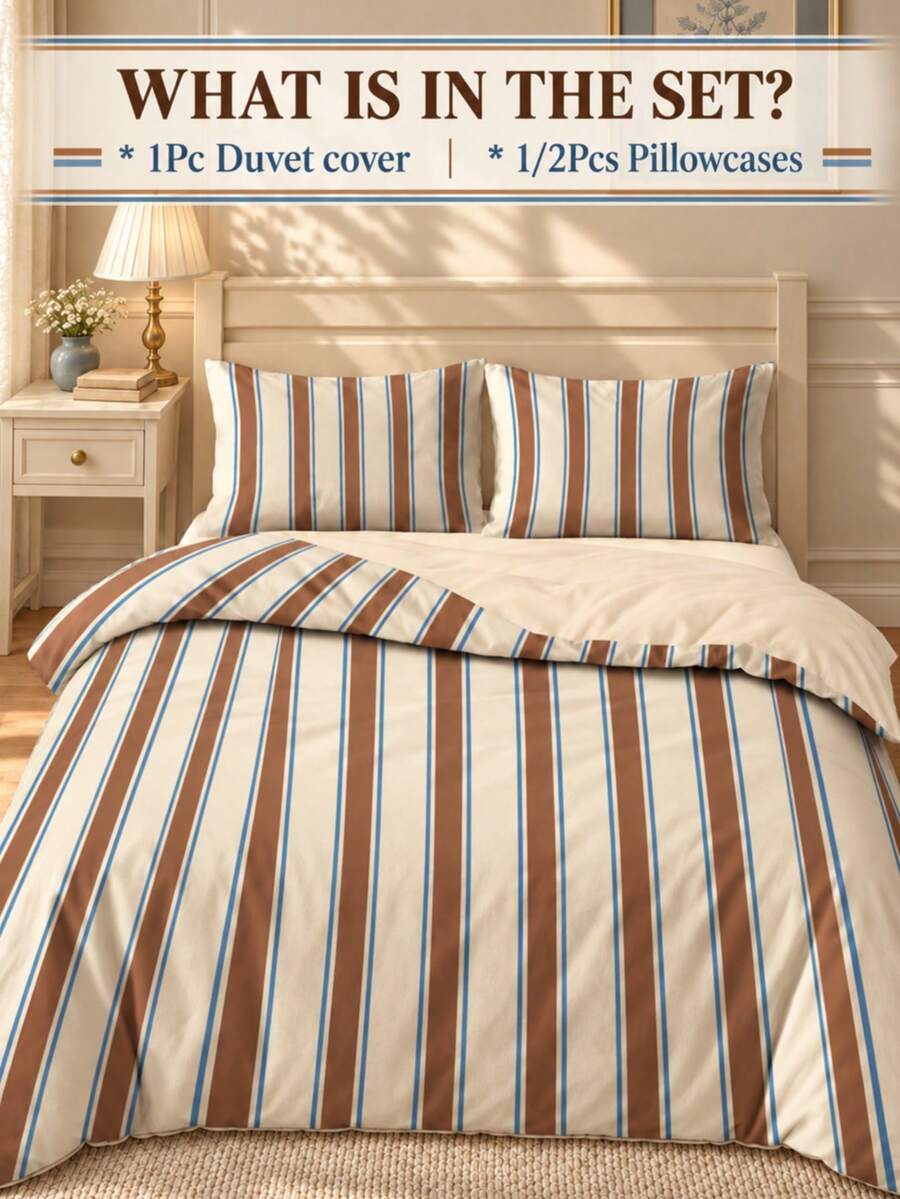 2/3pcs Duvet Cover Set, Bedding Set, Cream/Blue/Tan Striped Duvet Cover Set, Soft Comfortable Skin-Friendly Breathable, Suitable For All Seasons, Single/Double/Queen/King Size Available, Dormitory/Minimalist Home Textiles, Back To School Essential, Machine Washable, Room Decor, 1 Duvet Cover With 1/2 Pillowcases (Fillings Not Included) - Multicolor - View 1