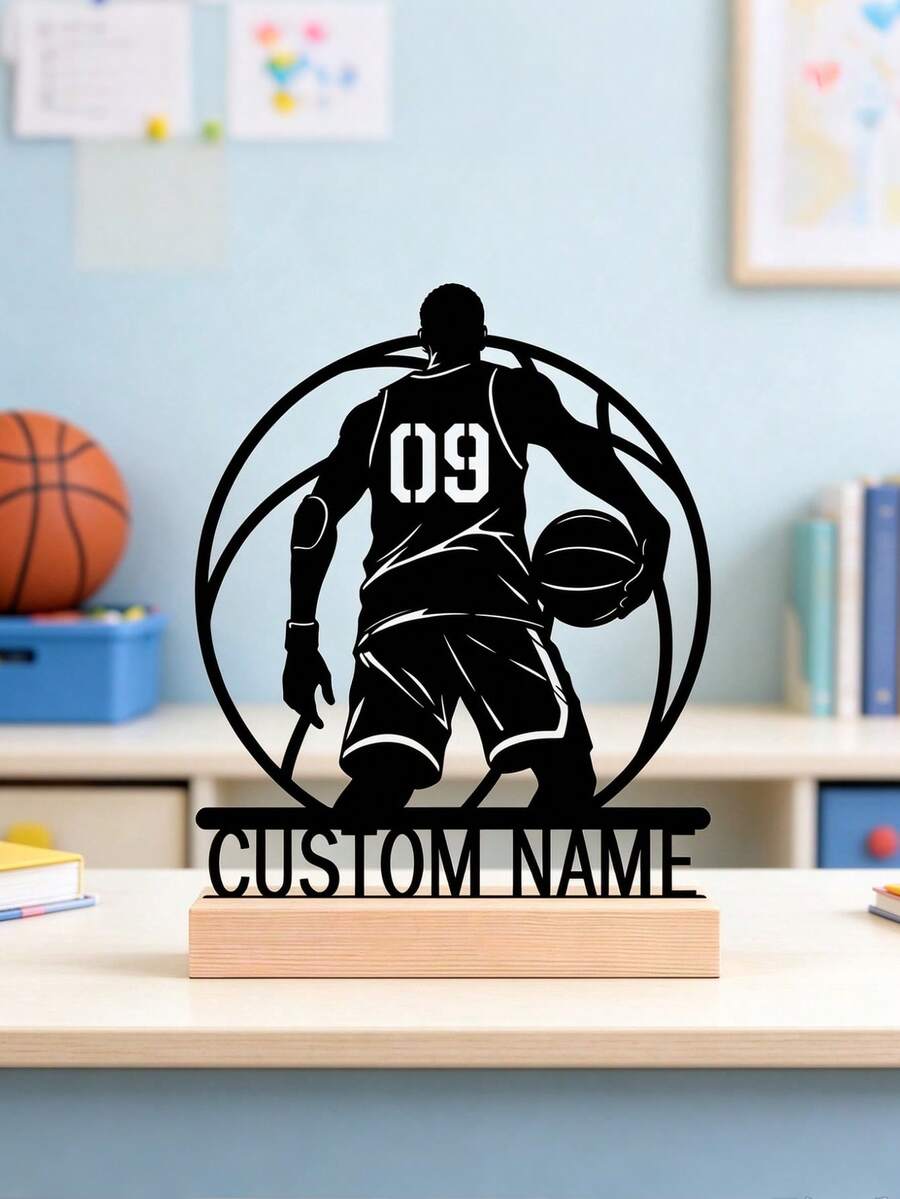 1pc Customizable Name Basketball Player Metal Desktop Decor, Personalized Desktop Ornament With Wooden Base, Metal Logo, Customized Basketball Gift For Son, Sports Gift For Boys, Birthday Gift For Basketball Enthusiasts - Black - View 1