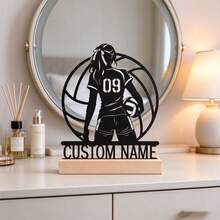 1pc Personalized Volleyball Player Metal Plaque, Customizable Name Desktop Ornament With Wooden Base, Unique Sports Style Decor, Suitable For Home Office, Can Be Used As Gift For Athlete Birthday Or Team Celebration - Black - View 2