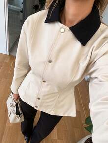 Women's Colorblock Lapel Casual Daily Commute Office Single-Breasted Button-Front Waist-Cinching Trench Coat Jacket - Champagne - View 5