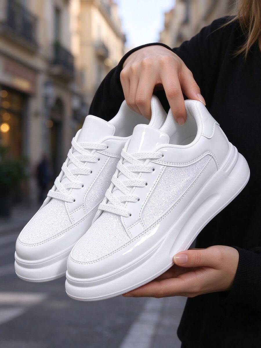 Men's Shiny Patent Leather Thick Sole Sneakers, White Lace-Up Casual Shoes, Men's Athletic Shoes, Unisex Couple Shoes 36-45, Daily Casual Versatile Shoes, Women's White Sneakers - White - View 1