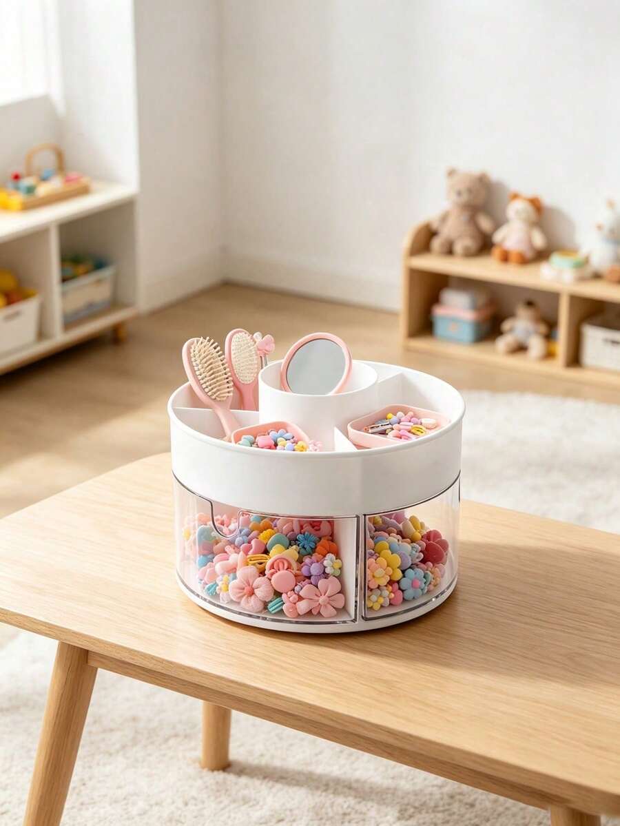 1pc Rotatable Round Plastic Hair Accessories Storage Box, Clear Divided Desktop Organizer, For Girls Hair Clips Hair Ties, Bedroom Vanity Birthday Christmas Gift - White - View 1