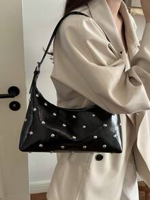 Women's Vintage Faux Leather Rivet Decor Crescent Shoulder Bag, Y2K Punk Style Underarm Bag, Suitable For Daily Street Commute - Black - View 3