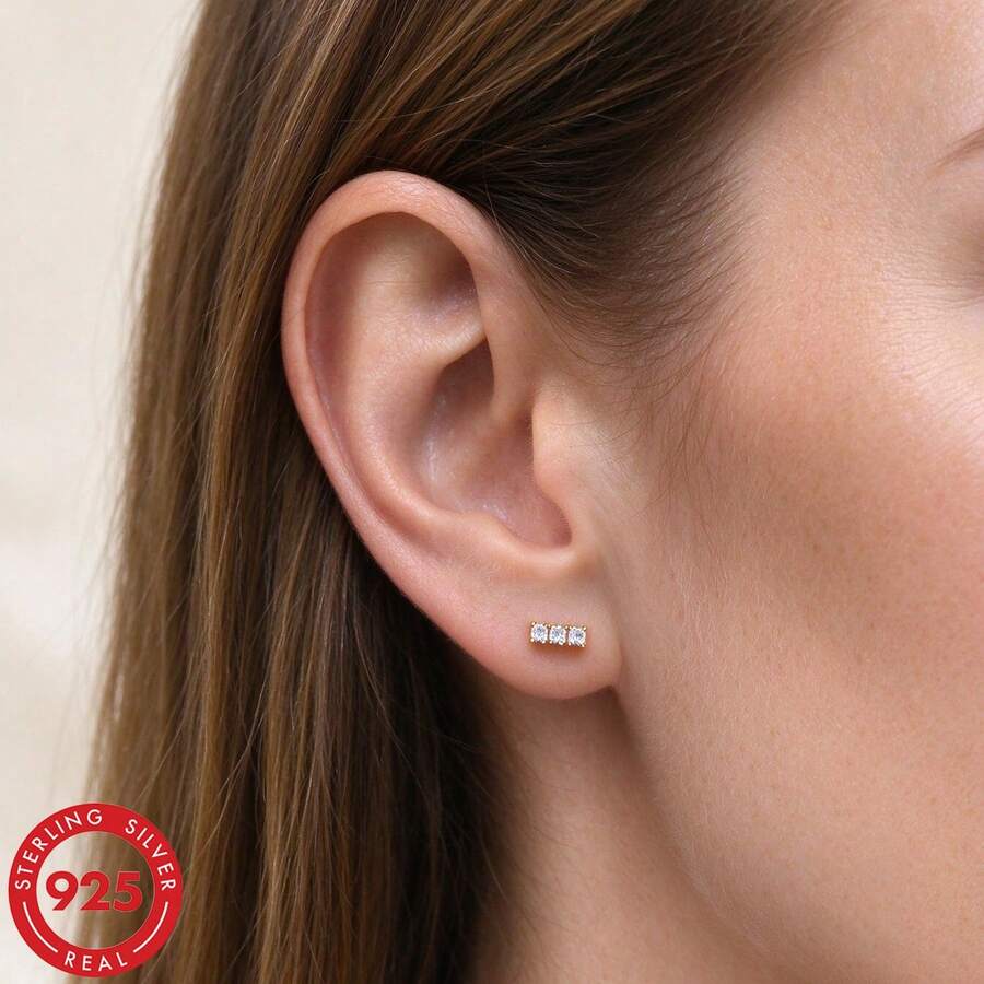 1 Pair S925 Sterling Silver Pierced Earrings, 3pcs 1.5mm Round Zirconia Mini Linear Stud Earrings, Small Versatile Daily Jewelry - Gold - View 1
