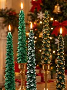 4/3/2pcs Christmas Tree Shaped Candle Set, Green Tree-Shaped Taper Candles, Twisted Pillar Candles, Soy Wax Decorative Candles, Suitable For Christmas Home Decor, Tabletop Decoration, Holiday Party Arrangement And Gift Giving - Green - View 5