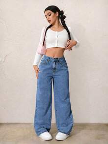 Women's Casual Elegant Washed Denim Straight Leg Pants, With Zipper And Gold Button Details, Long Non-Stretch Fabric, Suitable For Autumn Wear - Blue - View 7