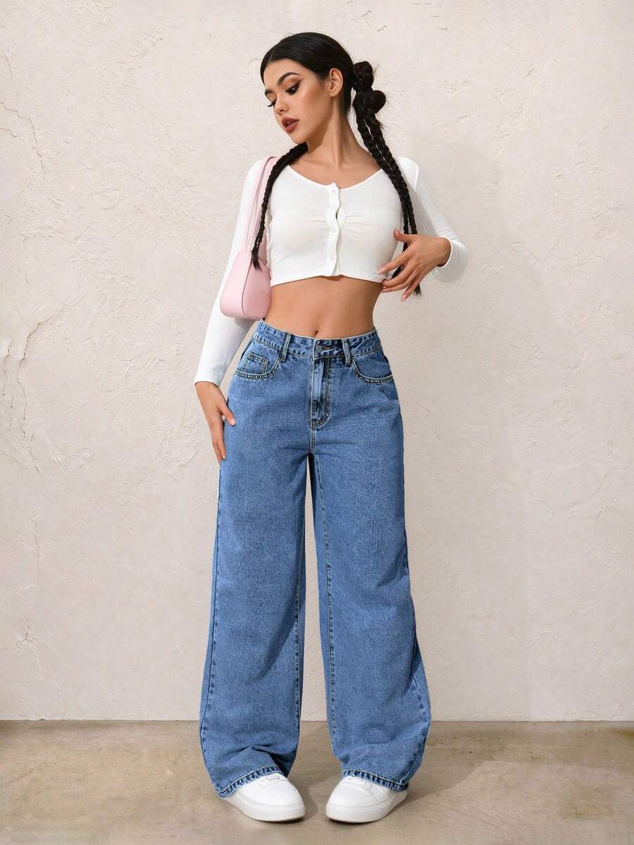 Women Wide Leg Jeans Mid Rise Blue Washed Denim Loose Fit Fall Halloween Country Vintage Streetwear Elegant Concert Office Casual OOTD Vacation Retro - Blue - View 1