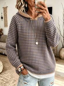 Plus Size Women's Casual Hooded Sweater, Autumn/Winter - Camel - View 3