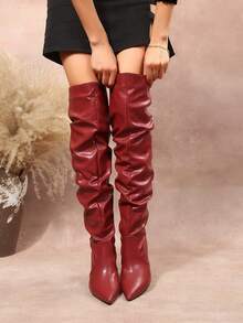 Women's Slip-On Over-The-Knee Boots, Personalized Holiday Gift For Women, Fashionable, Suitable For Various Occasions - Burgundy - View 6