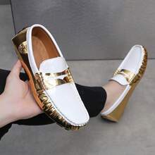 Men's Contrast Color Shiny Penny Loafers, Soft Elastic Breathable Non-Tiring Anti-Slip Driving Moccasins, Luxury Versatile Party Commute Loafers - Gold - View 3