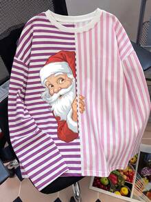 Women's Autumn College Style Santa Claus Striped Pattern Colorblock Long Sleeve Crew Neck Knit T-Shirt, Regular Fit Winter Top - Pink - View 5
