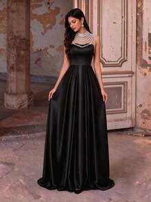 Autumn/Winter Elegant Multi-Layer Embroidered Ribbon Patchwork Bandeau Satin A-Line Long Dress, Suitable For Party, Wedding, Prom, Date - Black - View 2