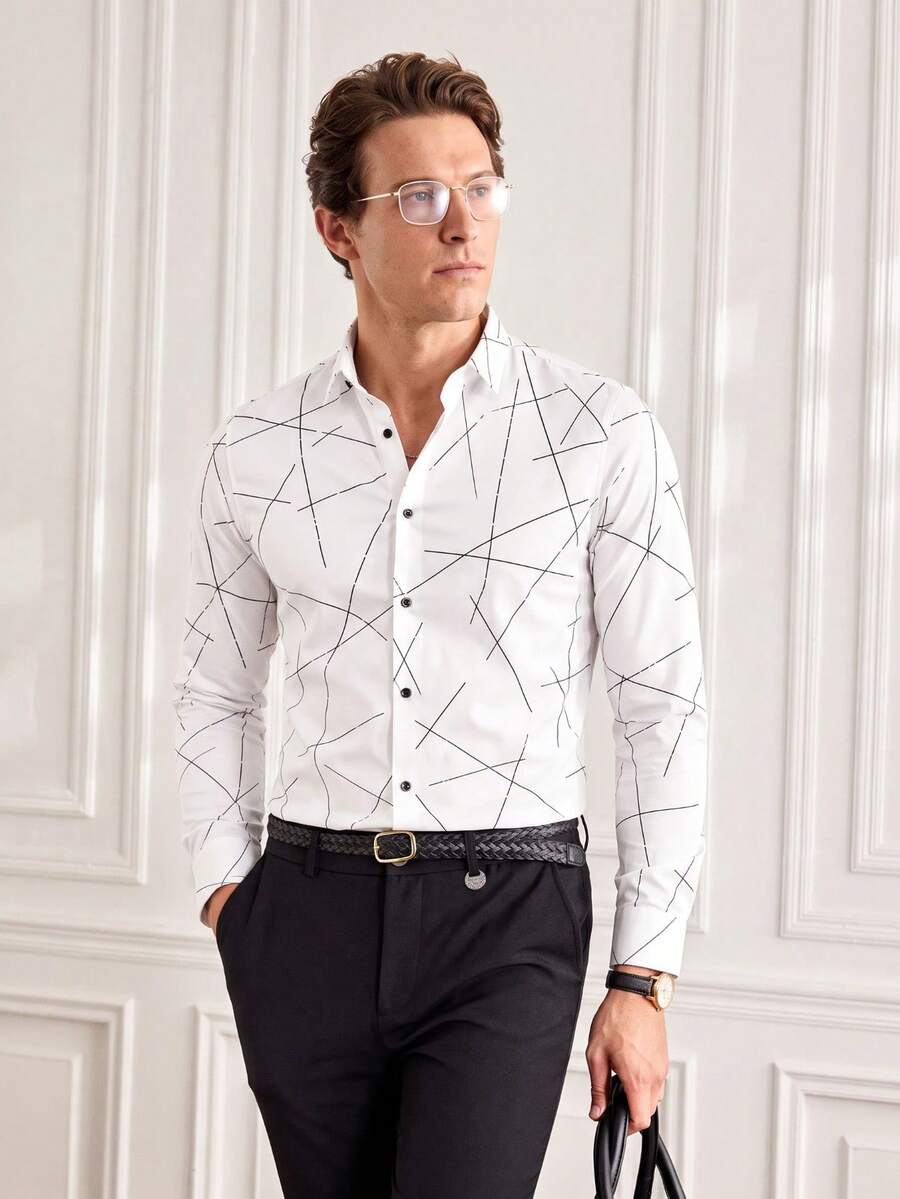Officeau Men's All-Over Print Single-Breasted Casual Versatile Daily Wear Shirt - White - View 1