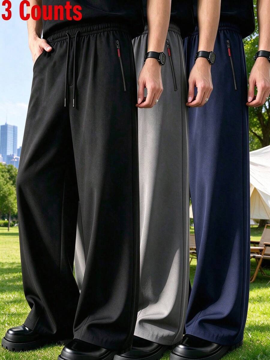 3 Buah Celana Olahraga Kasual Pria Warna Hitam Model Lurus, Saku Resleting dengan Tali Serut Elastis, Celana Panjang Serbaguna yang Melangsingkan, Cocok untuk Perjalanan Sehari-hari, Santai di Rumah, Olahraga Luar Ruangan, dan Acara Lainnya - MultiWarna - View 1