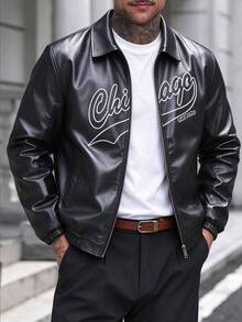 Men's PU Leather Autumn/Winter Casual Fashion Letter Print Jacket - Black - View 2