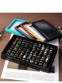 1pc 100-Slot Ring Storage Box With Lid, Ring And Earring Organizer, Minimalist Velvet Design, Dust-Proof Transparent Cover Display Box, Glass Top Jewelry Storage Box, Dust-Proof Jewelry Display Box, Wedding Ring Box, Back To School Gift - Multicolor - View 10
