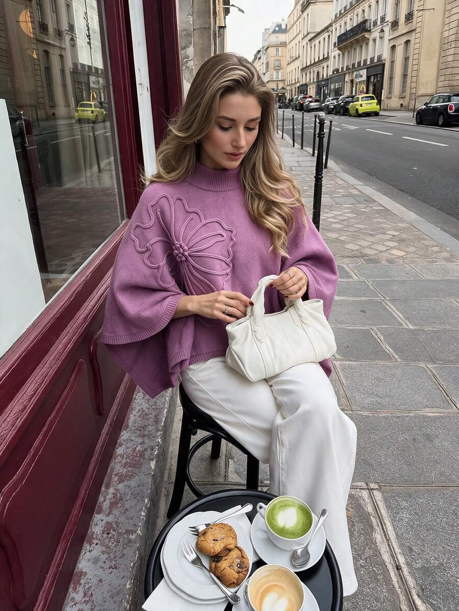 NOVELLE Women's Pink High Neck Batwing Sleeve Knit Top, 3D Floral Embroidery, Loose Lazy Shawl Style, Versatile Autumn Commute And Casual Sweater,,Suitable For Daily Commute - Pink - View 1