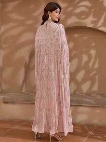 JINLICX Pink Rhinestone Embellished Stand Collar Cape Sleeve Kaftan Modest Evening Dress - Baby Pink - View 5