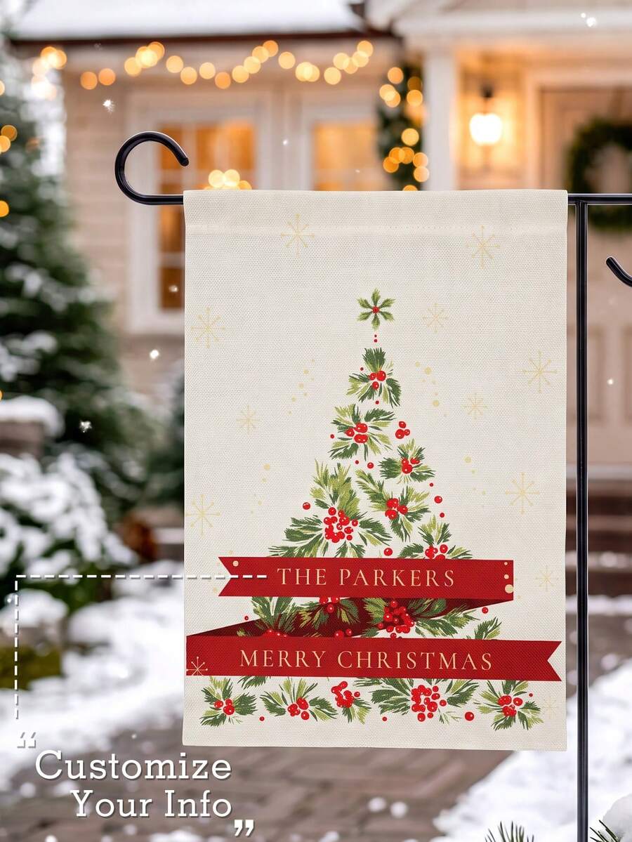 Takeoak Custom Family Name & Text Christmas Garden Flag | Personalized Name Ribbon Christmas Tree With Stars Banner | Winter Holiday Yard Decor Christmas Outdoor Decoration Christmas Garden Sign Family Gift(Flag Only, Stand Not Included) - Multicolor - View 1