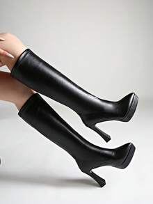 Women's Tall Boots, European And American New Style Leather Pointed Toe High Heel Long Boots, Thin Heel Riding Boots, Winter - Black - View 2