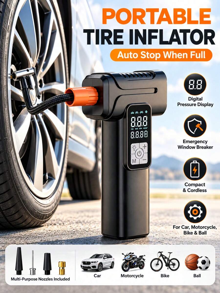 Wireless Portable Tire Inflator Digital Electric Air Pump With LED Light USB Rechargeable Auto Shut Off Air Compressor For Car Bicycle Motorcycle Ball Emergency Tire Inflation - One Size - View 1