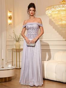 Elegant Women's Light Purple, Heavy Beaded Embroidery, Off-Shoulder Long Evening Dress - Mauve Purple - View 6