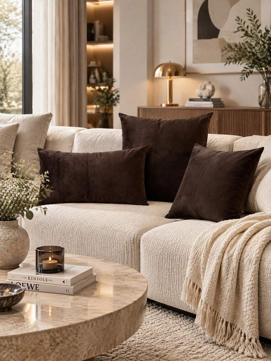 1pc Soft Plush Solid Color Pillow Case Cover, Without Filler, Simple & Plain Design - Chocolate Brown - View 1
