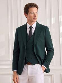 Officeau Men's Vintage Banknote Double-Breasted Slim Fit 3 PiecesSuit Set (Jacket + Vest + Pants) (XS-3XL) - Dark Green - View 1