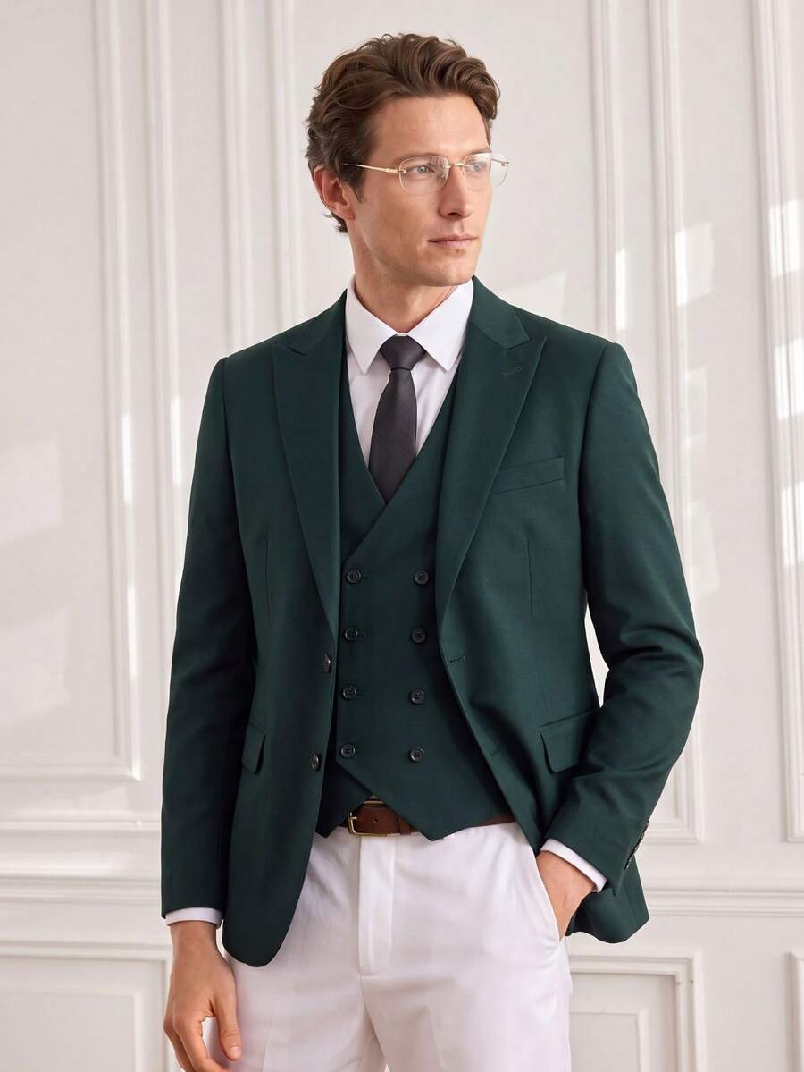 Officeau Men's Vintage Banknote Double-Breasted Slim Fit 3 PiecesSuit Set (Jacket + Vest + Pants) (XS-3XL) - Dark Green - View 1