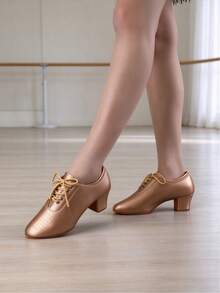 Women's Ballroom Dance Shoes With Breathable Holes, Lace-Up Split Sole Soft Bottom - Champagne - View 3