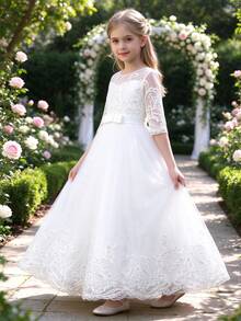 Tween Girl Backless Studded Pearl Midi Dress, Embroidered Floral Sequin Mesh Skirt, Princess Dress For Teens, Flower Girl Wedding Party Formal Gown - White - View 4