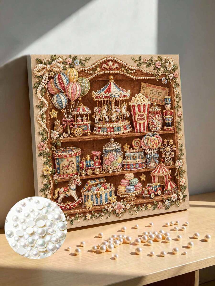 DIY Pearl Painting Kit With Frame, Vintage Circus Toy Shelf & Carousel Gem Art Picture, Handmade Home Wall Decor - A - View 1